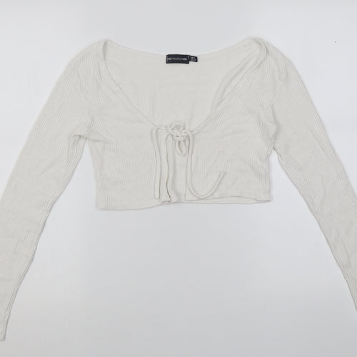 PRETTYLITTLETHING Womens White V-Neck  Viscose Cardigan Jumper Size 6   - ribbed fabric