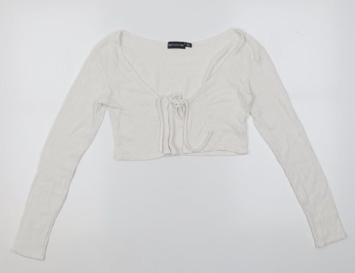 PRETTYLITTLETHING Womens White V-Neck Viscose Cardigan Jumper Size 6 - ribbed fabric