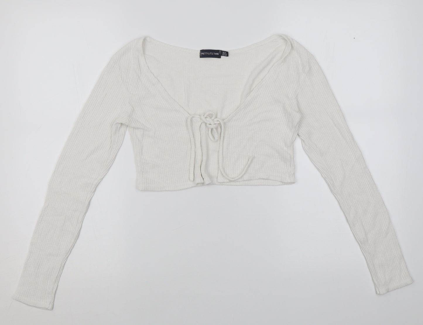 PRETTYLITTLETHING Womens White V-Neck  Viscose Cardigan Jumper Size 6   - ribbed fabric
