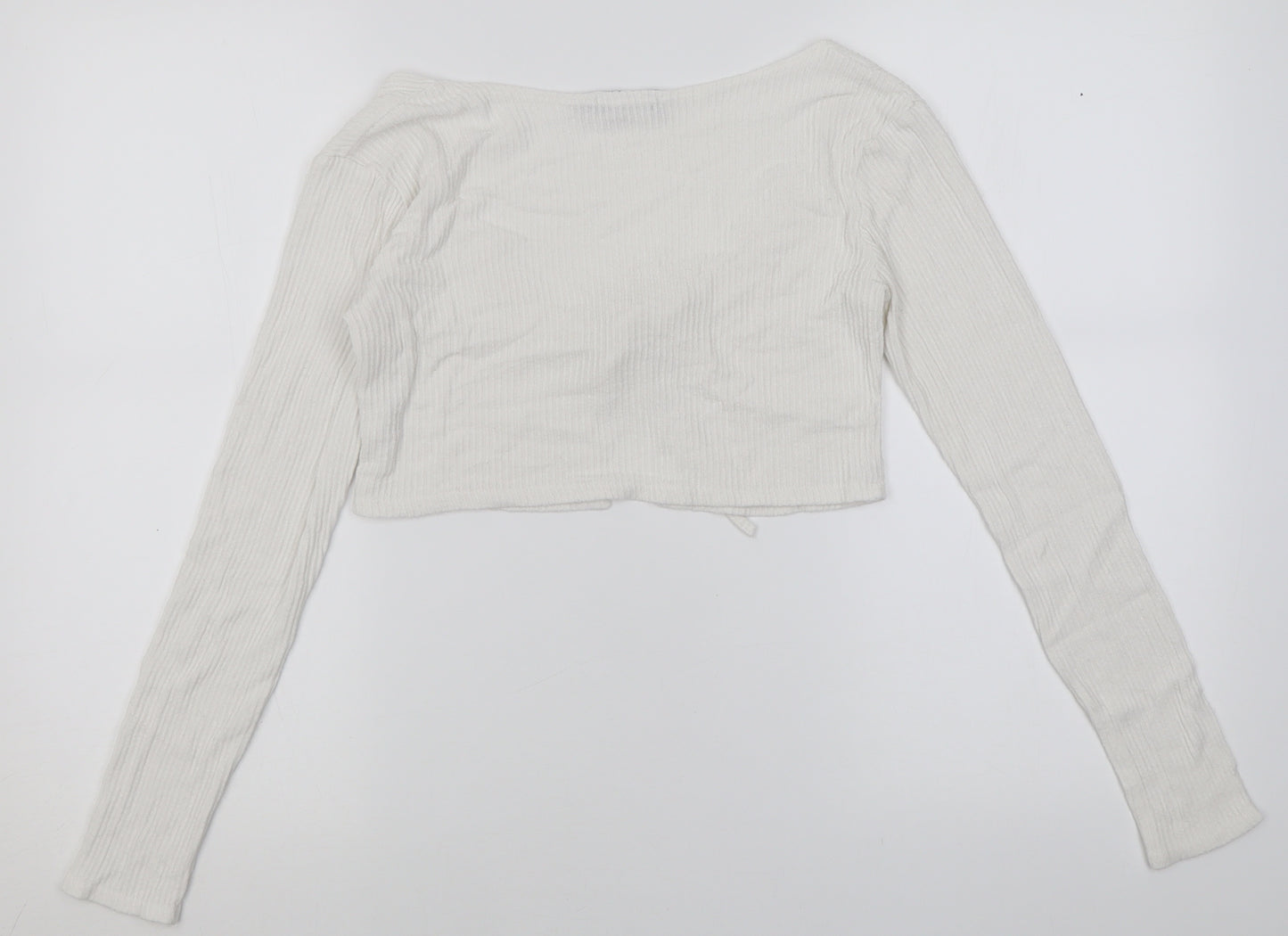 PRETTYLITTLETHING Womens White V-Neck  Viscose Cardigan Jumper Size 6   - ribbed fabric