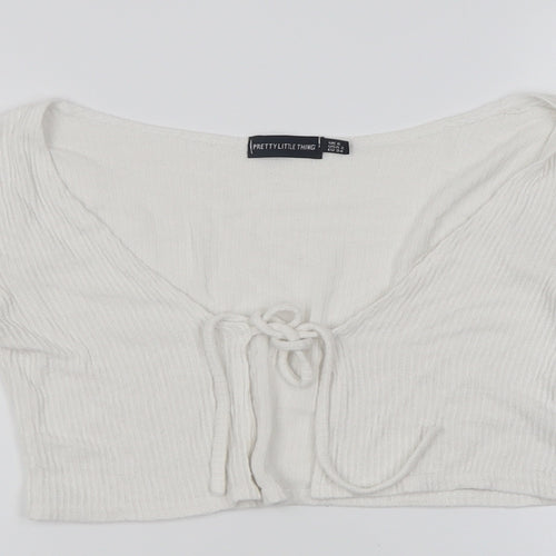 PRETTYLITTLETHING Womens White V-Neck  Viscose Cardigan Jumper Size 6   - ribbed fabric