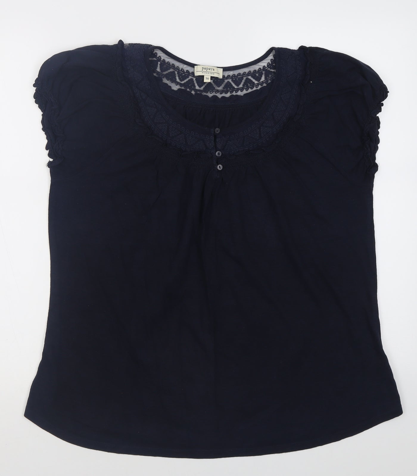 Papaya Womens Blue Fair Isle Cotton Basic T-Shirt Size 16 Boat Neck