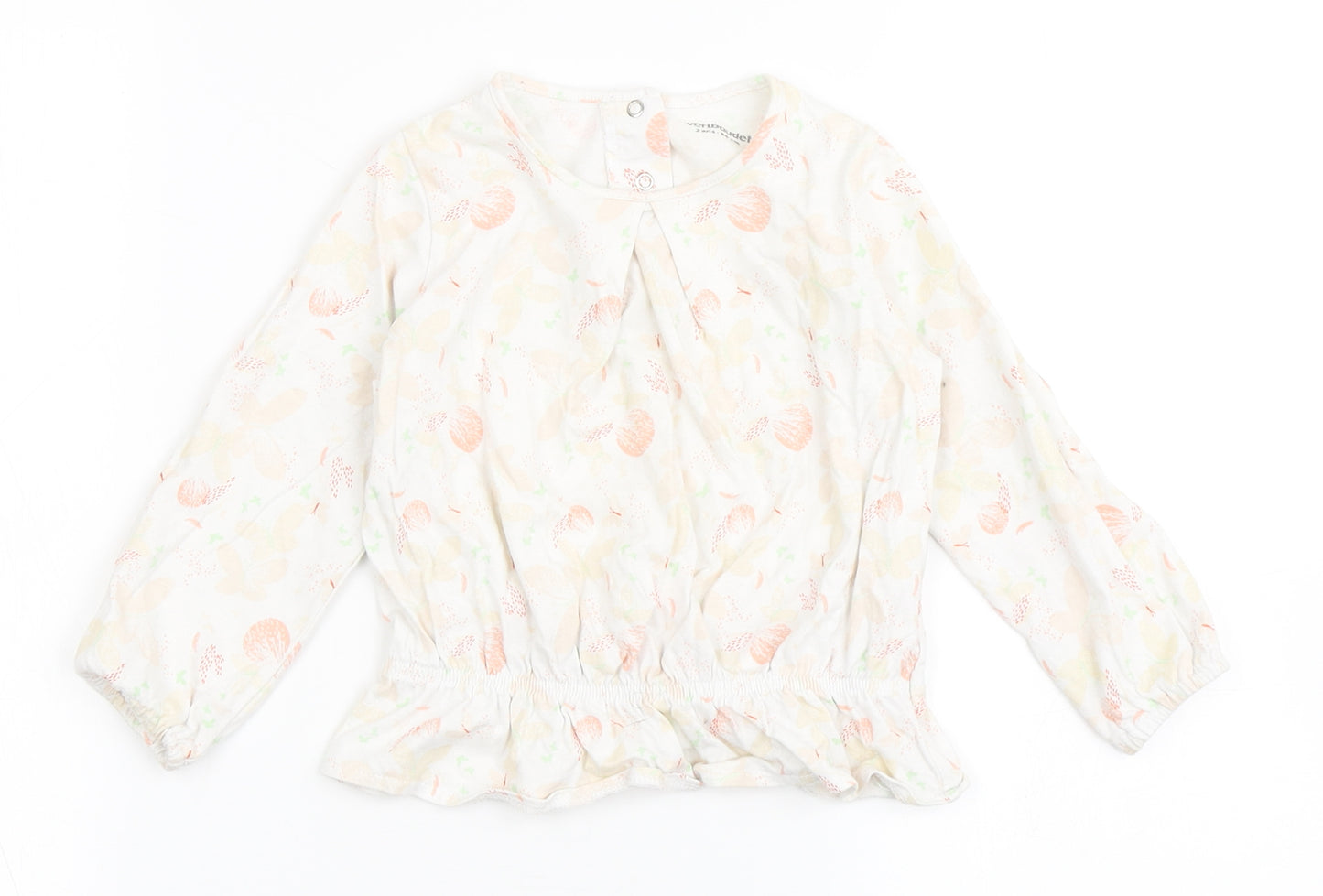 Vertbaudet Girls Ivory  100% Cotton Basic T-Shirt Size 2 Years Round Neck Pullover - Butterfly