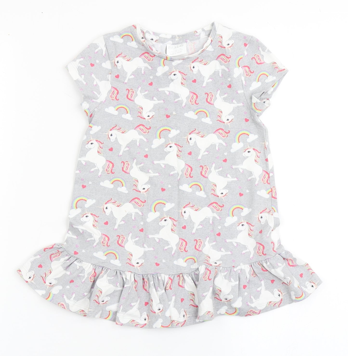 F&F Girls Grey  Cotton T-Shirt Dress  Size 18-24 Months  Round Neck Pullover - Unicorns, Rainbows