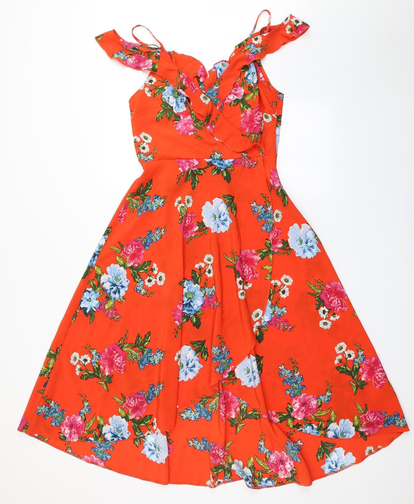 New Look Womens Orange Floral Polyester Fit & Flare  Size 8  V-Neck Zip - Off the Shoulder