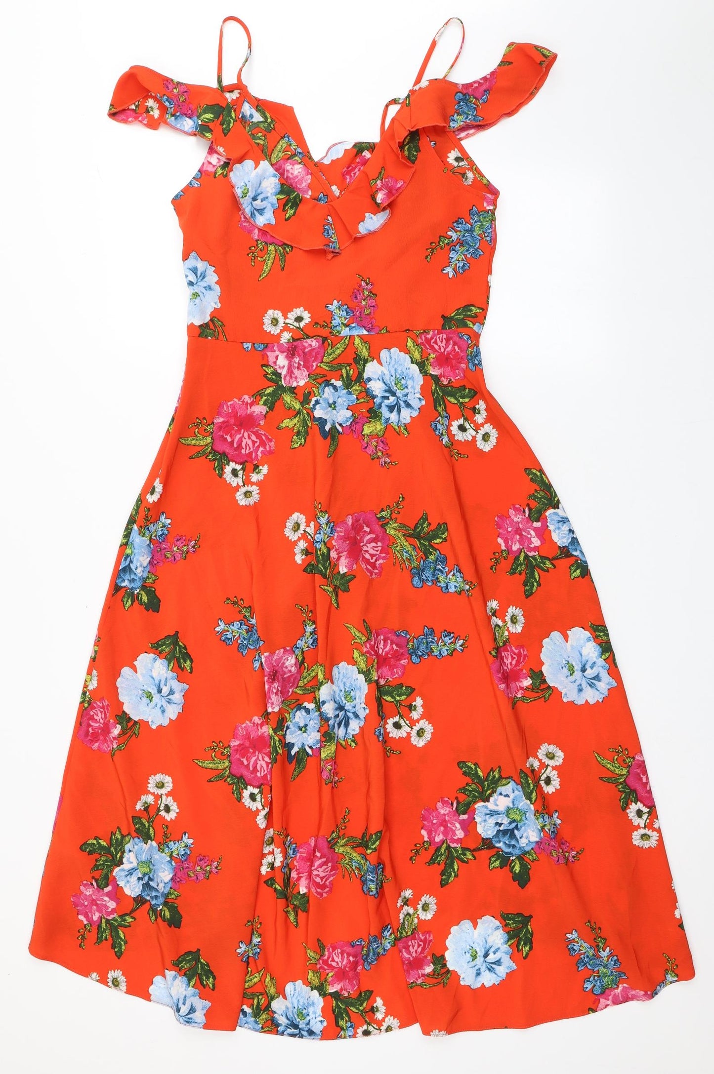 New Look Womens Orange Floral Polyester Fit & Flare  Size 8  V-Neck Zip - Off the Shoulder