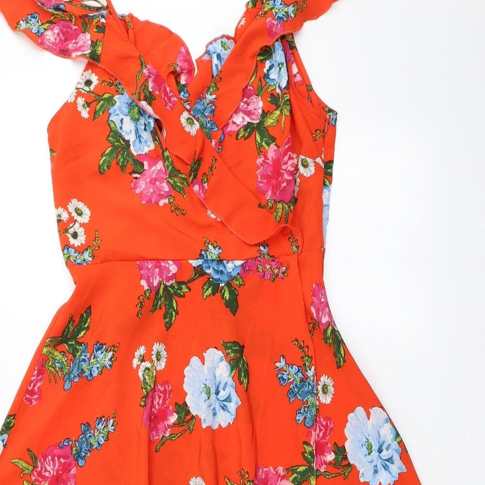 New Look Womens Orange Floral Polyester Fit & Flare  Size 8  V-Neck Zip - Off the Shoulder