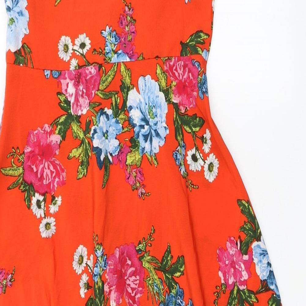 New Look Womens Orange Floral Polyester Fit & Flare  Size 8  V-Neck Zip - Off the Shoulder