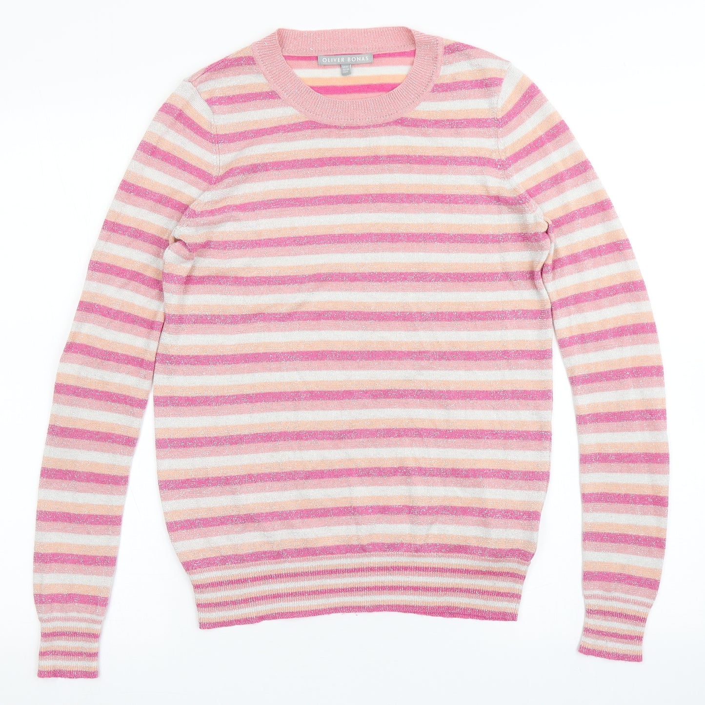 Oliver Bonas Womens Pink Round Neck Striped Viscose Pullover Jumper Size 8
