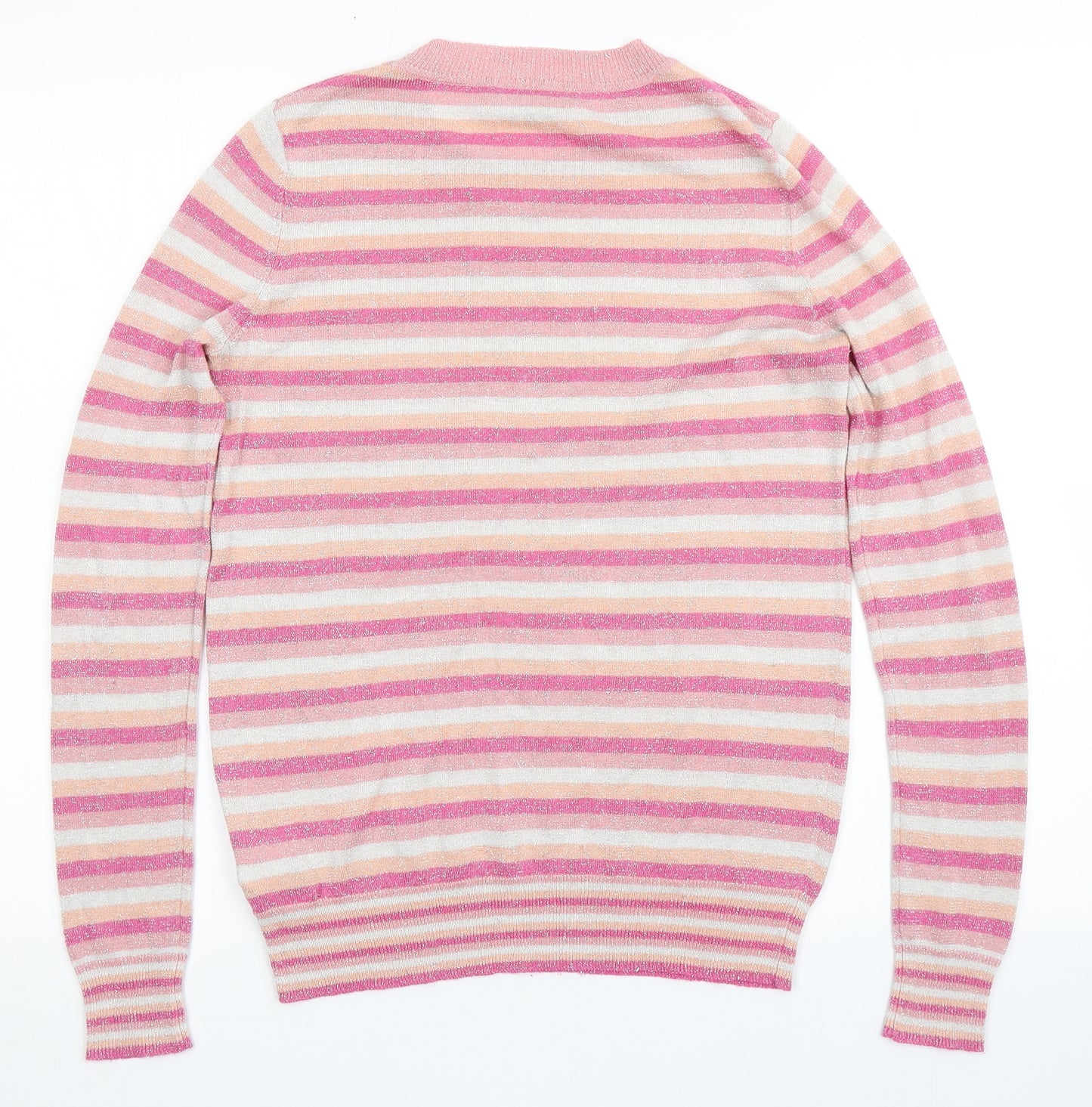 Oliver Bonas Womens Pink Round Neck Striped Viscose Pullover Jumper Size 8