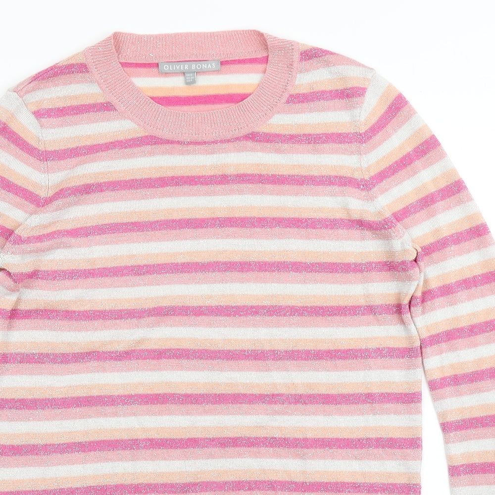 Oliver Bonas Womens Pink Round Neck Striped Viscose Pullover Jumper Size 8