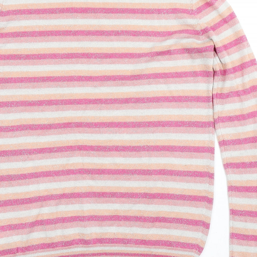 Oliver Bonas Womens Pink Round Neck Striped Viscose Pullover Jumper Size 8