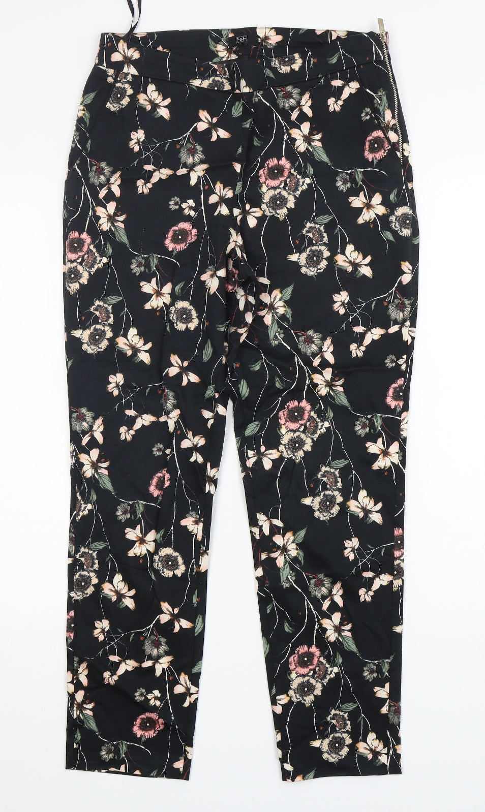 F&F Womens Multicoloured Floral Cotton Trousers  Size 10 L28 in Regular Zip