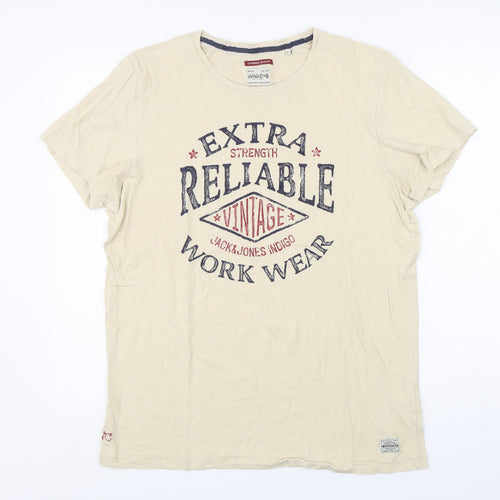 Jack & Jones  Mens Beige  Cotton  T-Shirt Size L Round Neck