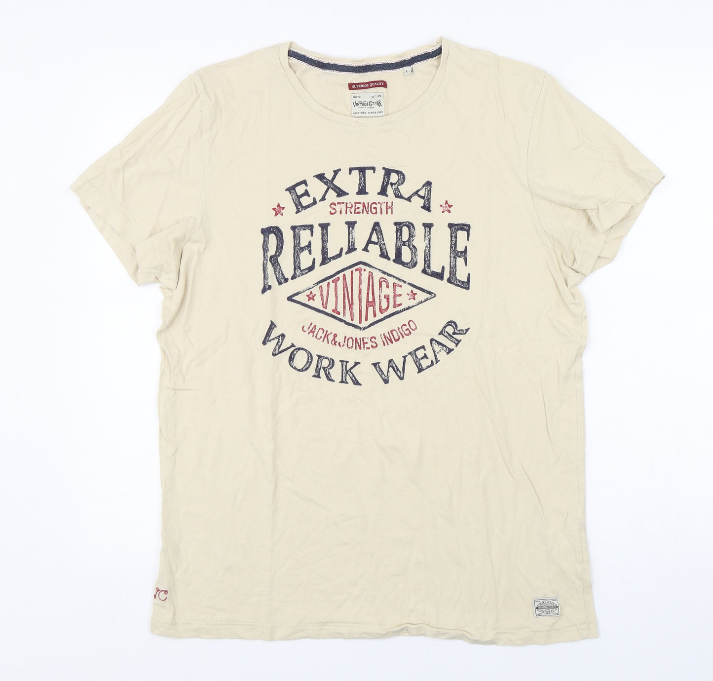 Jack & Jones  Mens Beige  Cotton  T-Shirt Size L Round Neck