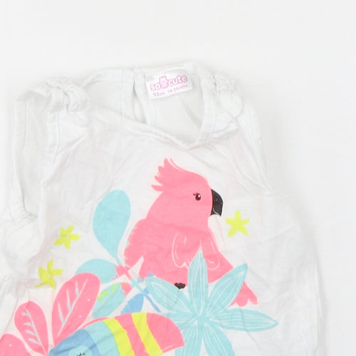 So Cute Girls White Animal Print Cotton Basic Tank Size 18-24 Months Round Neck Pullover - Parrot print