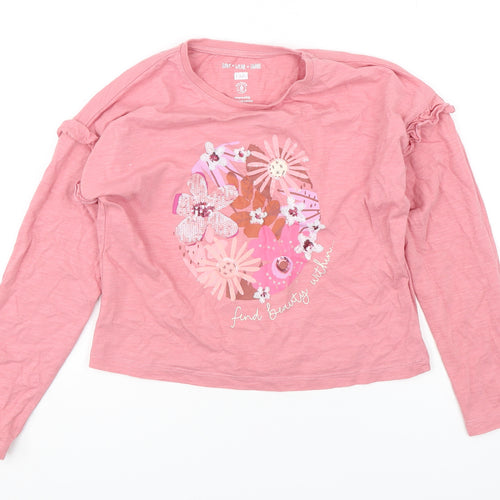 F&F Girls Pink Floral Cotton Basic T-Shirt Size 8-9 Years Round Neck Pullover