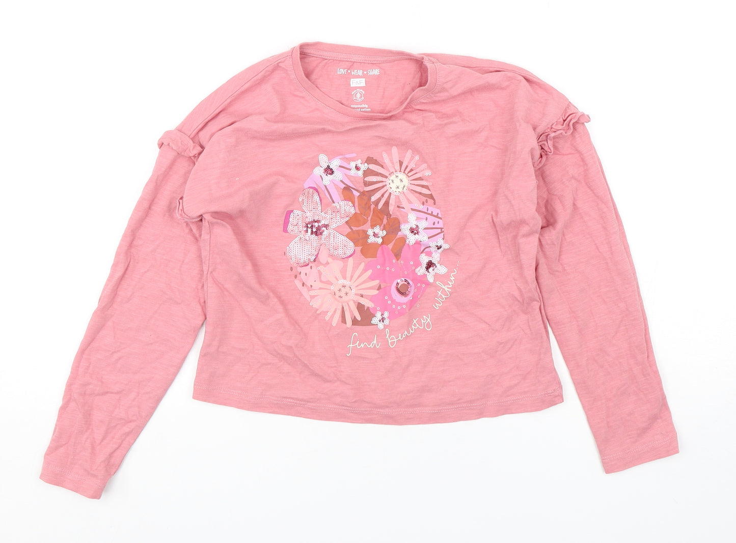 F&F Girls Pink Floral Cotton Basic T-Shirt Size 8-9 Years Round Neck Pullover