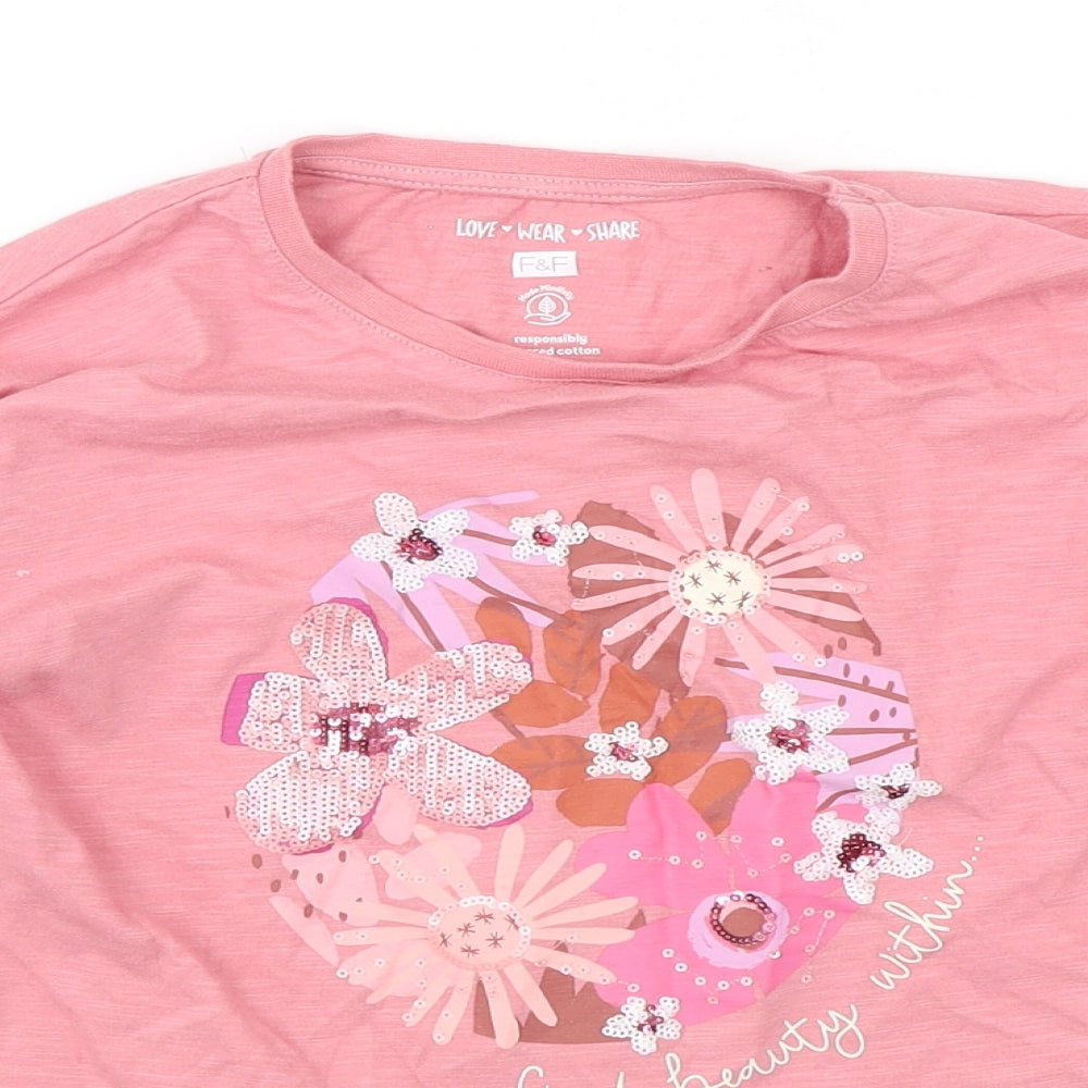 F&F Girls Pink Floral Cotton Basic T-Shirt Size 8-9 Years Round Neck Pullover
