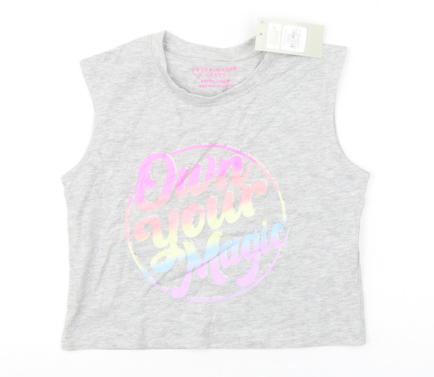 Primark Girls Grey  Cotton Basic Tank Size 8-9 Years Round Neck Pullover