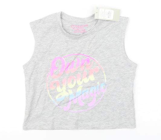 Front view of Primark girls’ grey cotton basic tank, size 8-9, years round neck pullover