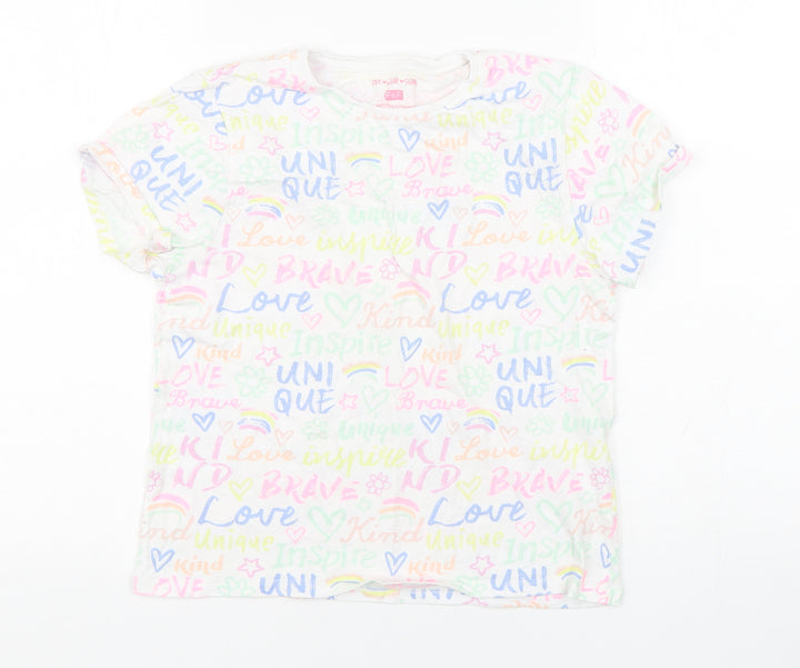 F&F Girls Multicoloured Geometric Cotton Basic T-Shirt Size 9-10 Years Round Neck Pullover