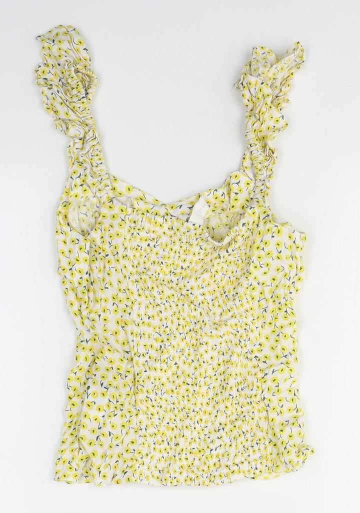 H&M Womens Yellow Floral Viscose Camisole Tank Size 8 Square Neck
