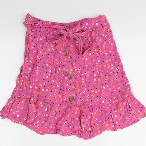 River Island Womens Pink Floral Viscose Mini Skirt Size 8   Button