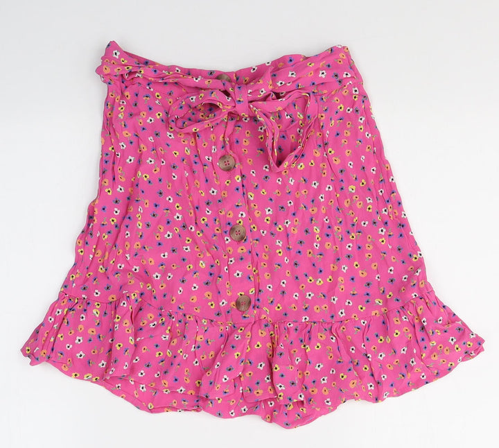 River Island Womens Pink Floral Viscose Mini Skirt Size 8 Button