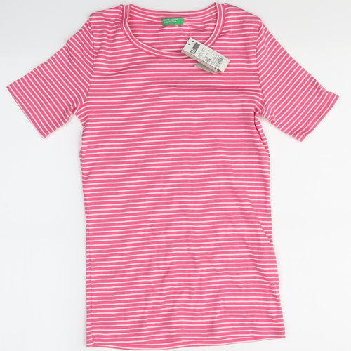United Colors of Benetton Womens Pink Striped Cotton Basic T-Shirt Size XS Round Neck