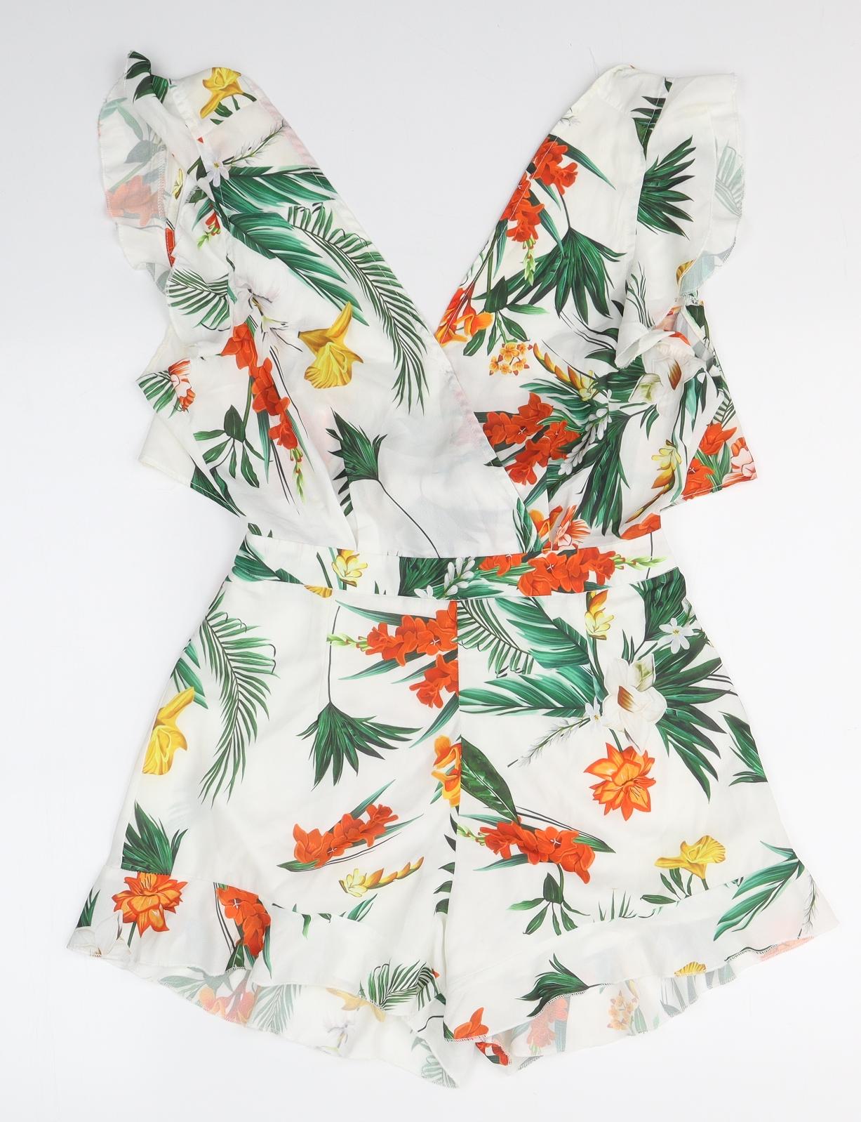 PRETTYLITTLETHING Womens White Floral Polyester Playsuit One-Piece Size 8 L3 in Tie