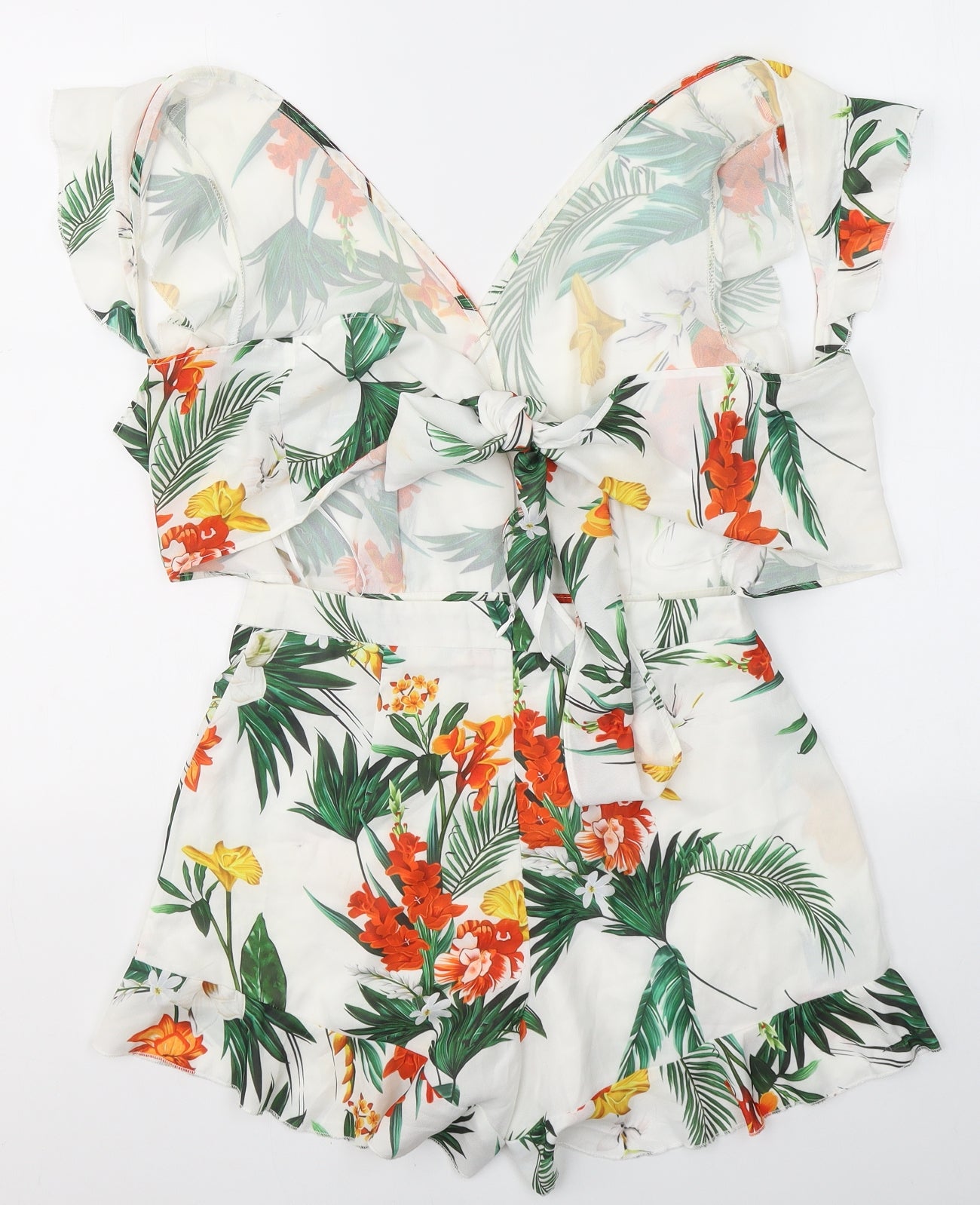 PRETTYLITTLETHING Womens White Floral Polyester Playsuit One-Piece Size 8 L3 in Tie