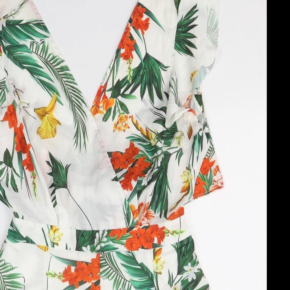 PRETTYLITTLETHING Womens White Floral Polyester Playsuit One-Piece Size 8 L3 in Tie