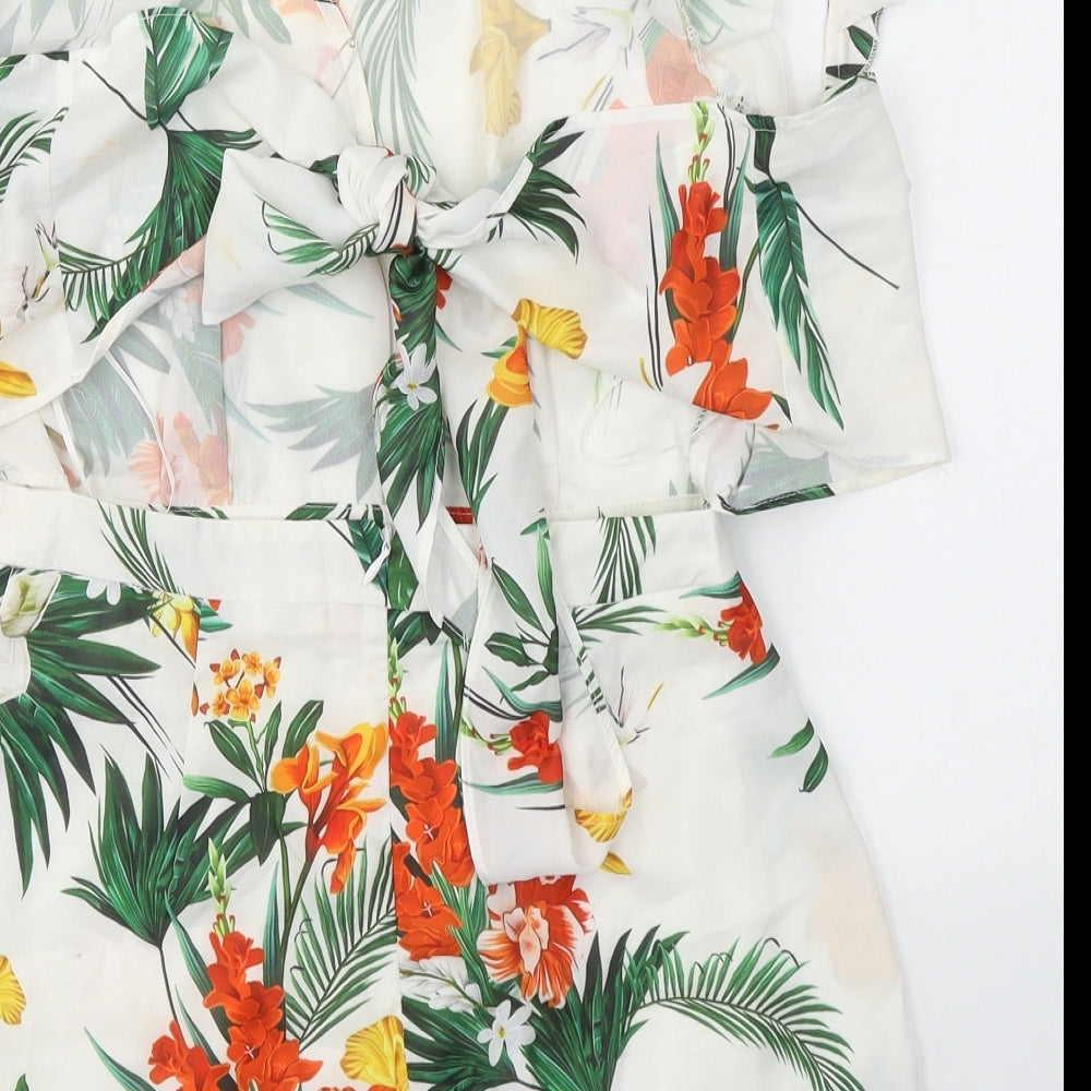 PRETTYLITTLETHING Womens White Floral Polyester Playsuit One-Piece Size 8 L3 in Tie