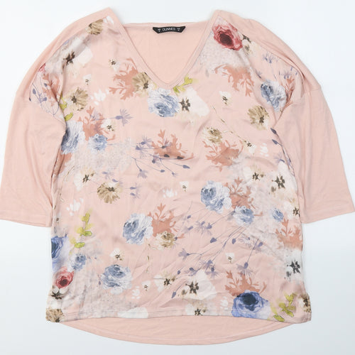 Dunnes Stores Womens Pink Floral Polyester Basic Blouse Size M V-Neck