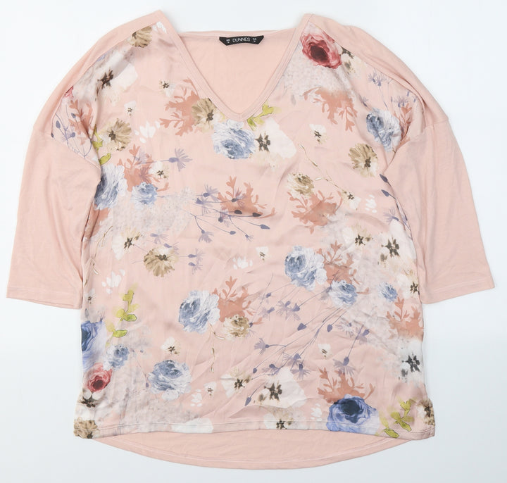 Dunnes Stores Womens Pink Floral Polyester Basic Blouse Size M V-Neck
