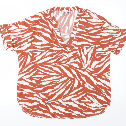 Warehouseo Womens Orange Animal Print Viscose Basic Blouse Size 8 V-Neck