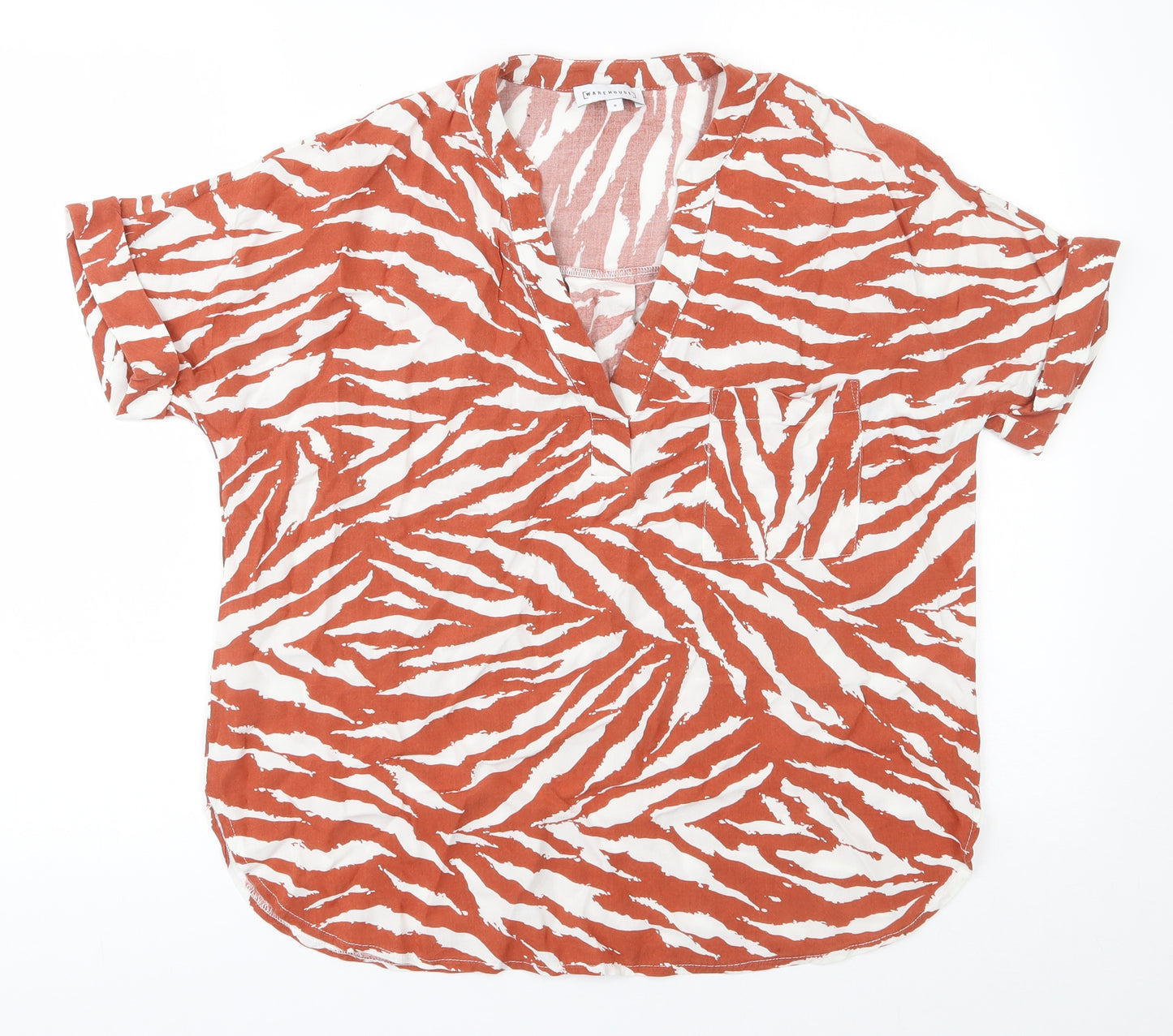 Warehouseo Womens Orange Animal Print Viscose Basic Blouse Size 8 V-Neck