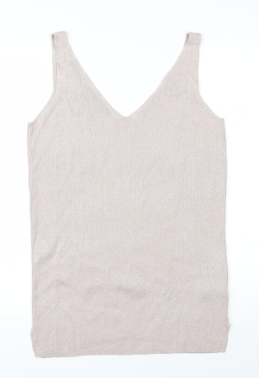 Front view of F&F women’s beige v-neck viscose vest jumper, size UK 16