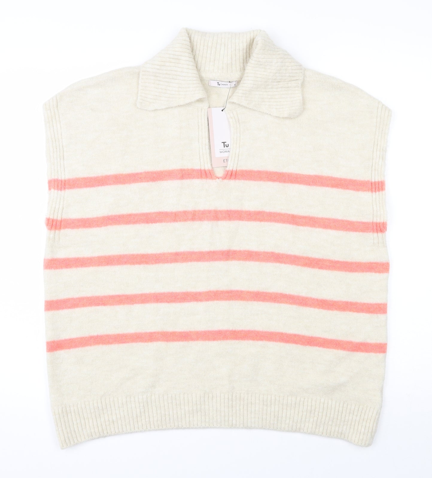 TU Womens Beige V-Neck Striped Acrylic Vest Jumper Size 14