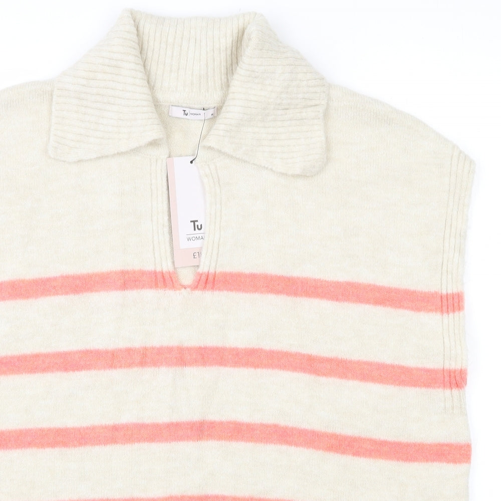 TU Womens Beige V-Neck Striped Acrylic Vest Jumper Size 14