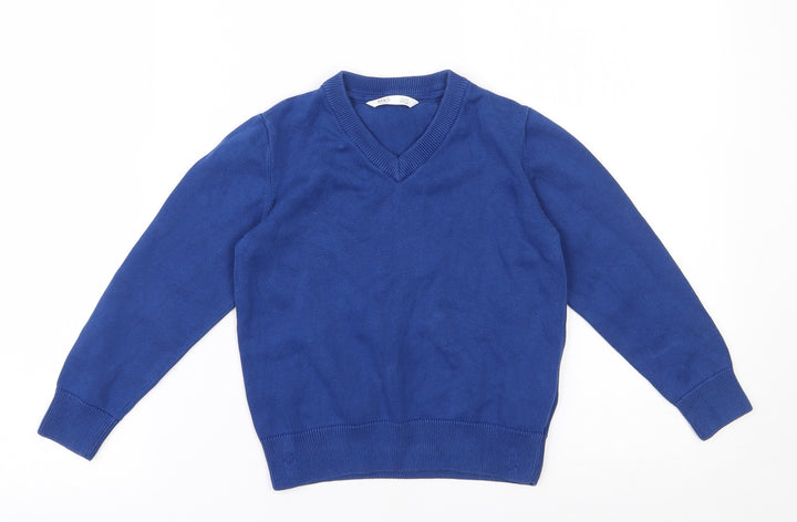 Marks and Spencer Boys Blue V-Neck 100% Cotton Pullover Jumper Size 3-4 Years Pullover