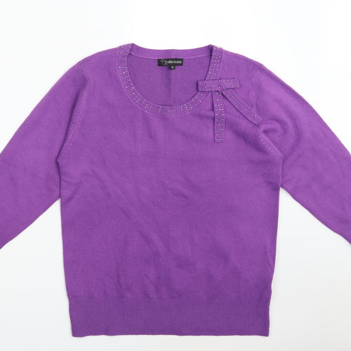 Ellie Louise  Womens Purple Round Neck  Acrylic Pullover Jumper Size M   - Bow Tie