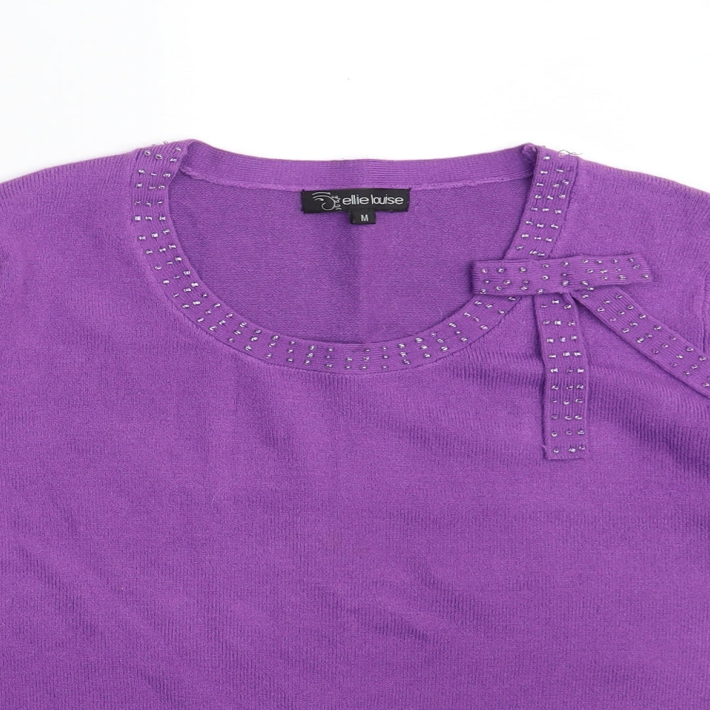 Ellie Louise  Womens Purple Round Neck  Acrylic Pullover Jumper Size M   - Bow Tie