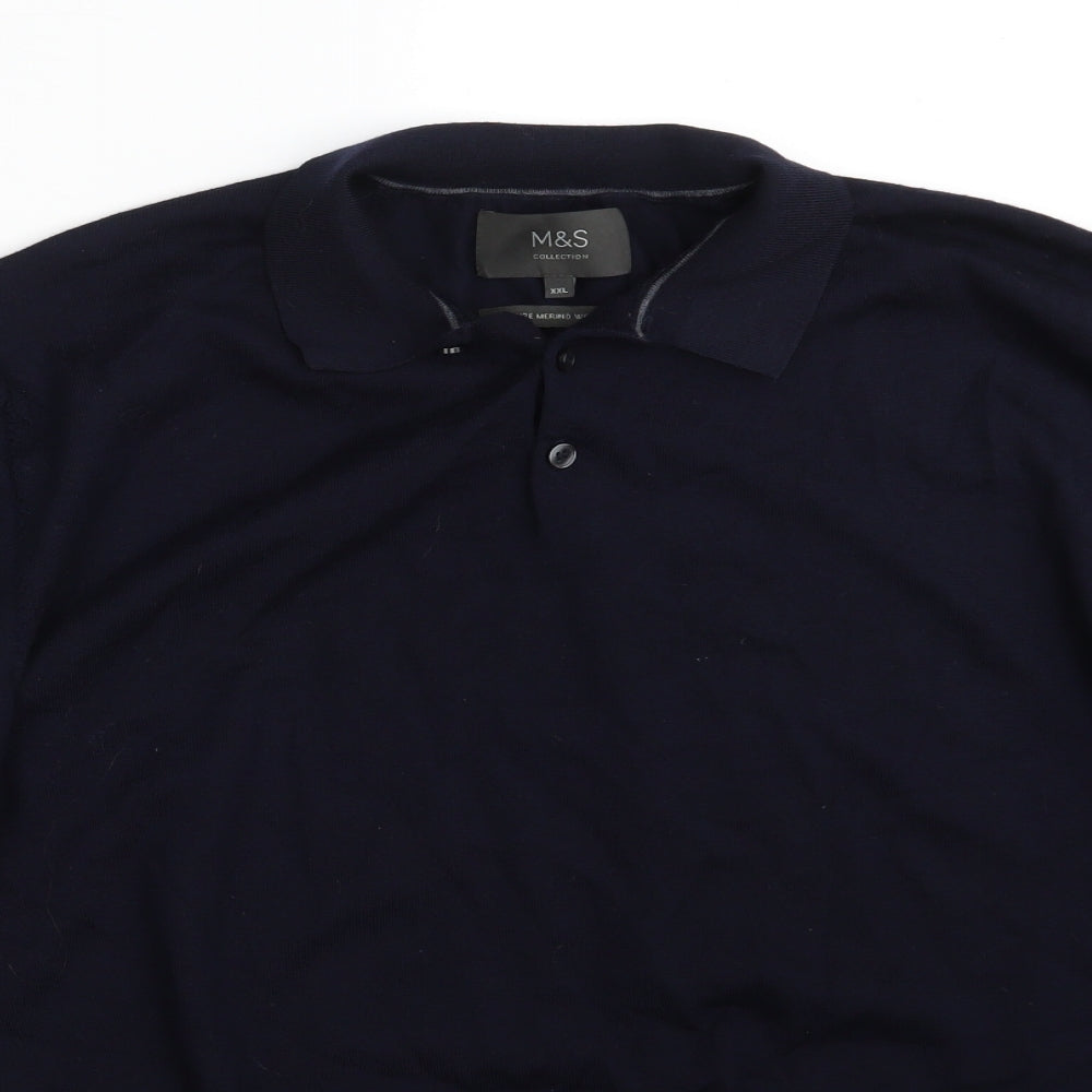 Marks and Spencer Mens Blue Collared  Wool Pullover Jumper Size 2XL   - 100 % Merino  Wool