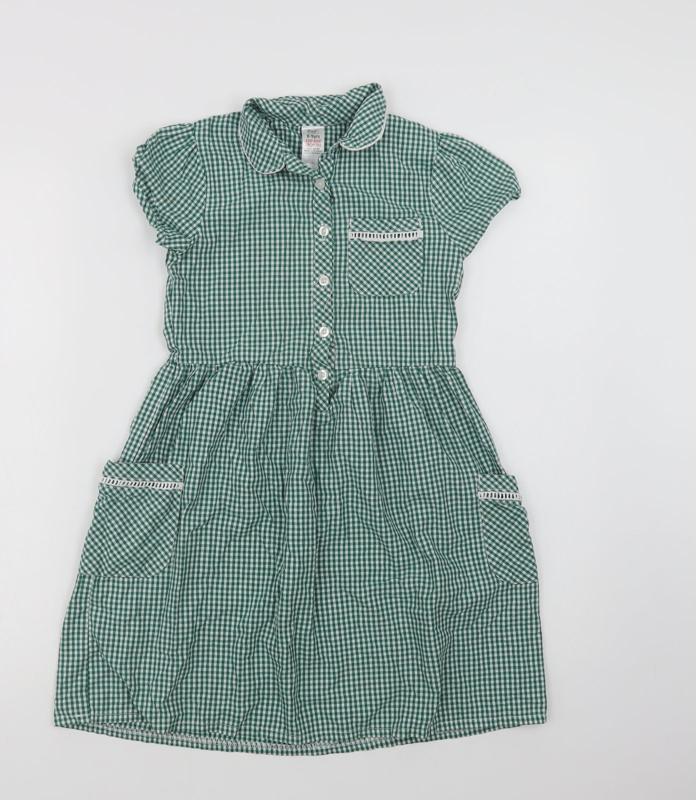 F&F Girls Green Gingham Cotton Shirt Dress  Size 8-9 Years  Collared Button - School Wear