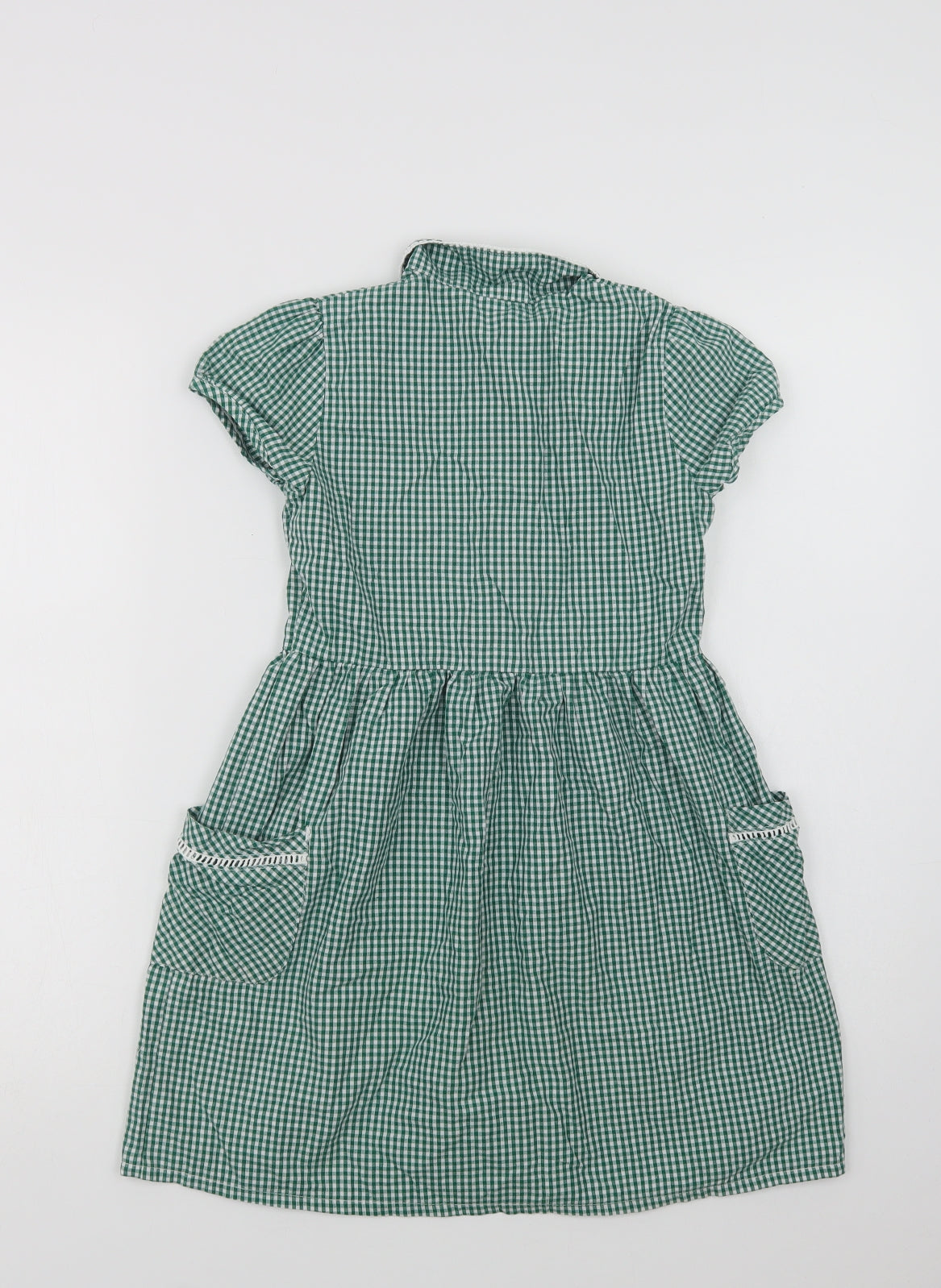 F&F Girls Green Gingham Cotton Shirt Dress  Size 8-9 Years  Collared Button - School Wear