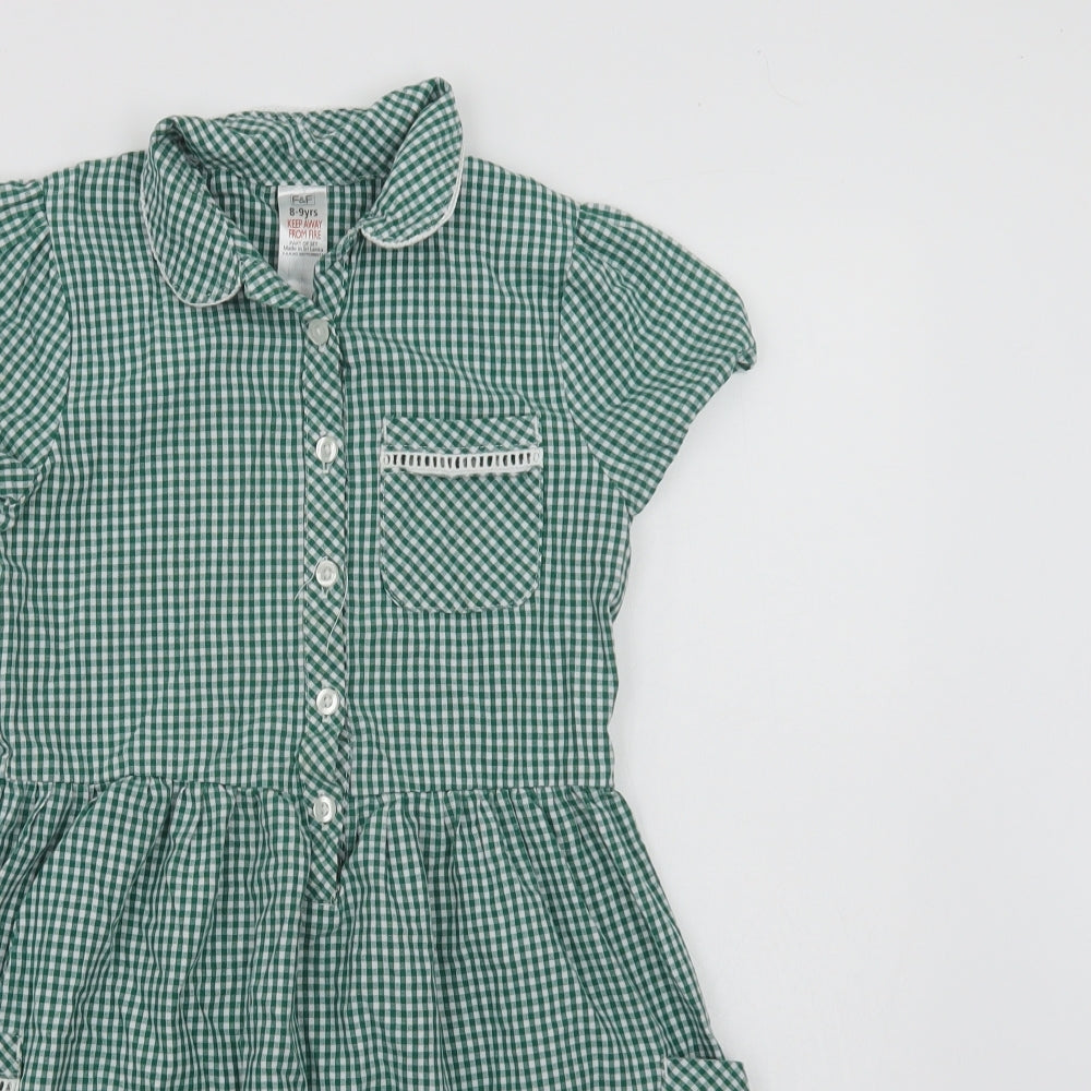 F&F Girls Green Gingham Cotton Shirt Dress  Size 8-9 Years  Collared Button - School Wear