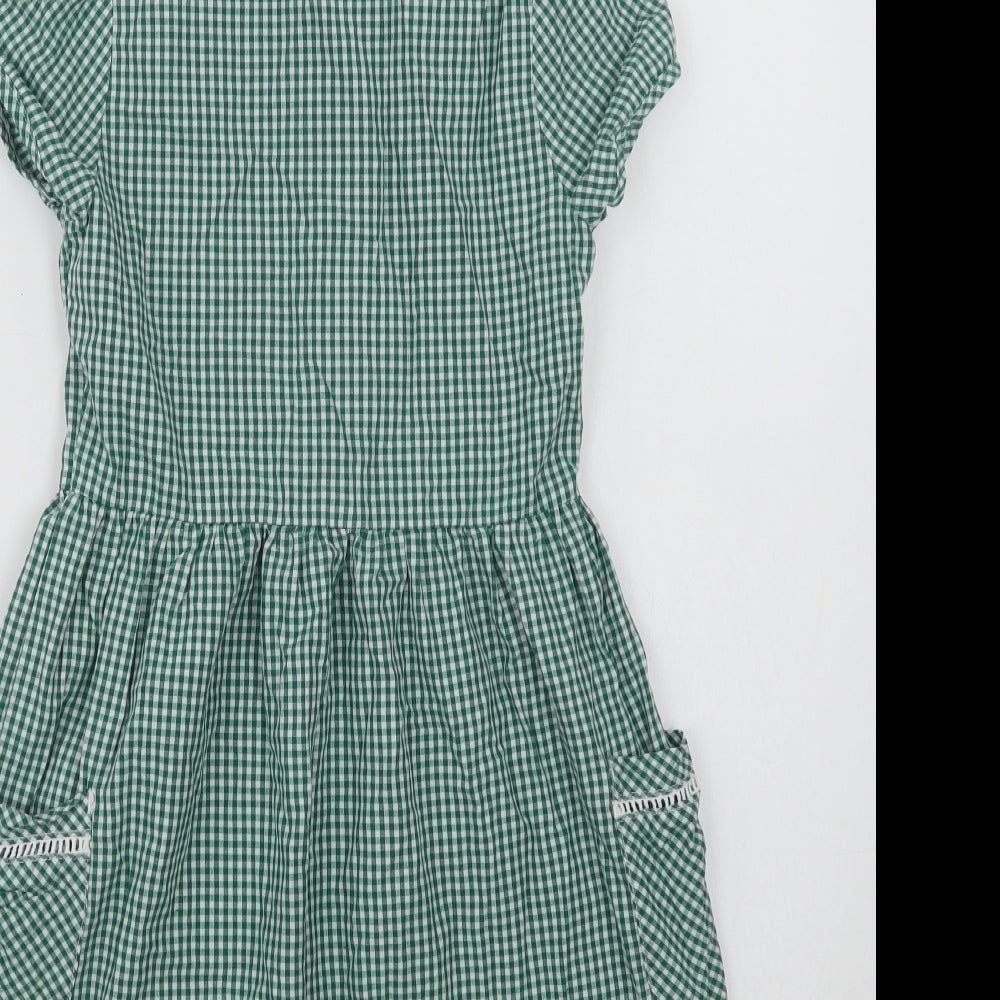 F&F Girls Green Gingham Cotton Shirt Dress  Size 8-9 Years  Collared Button - School Wear