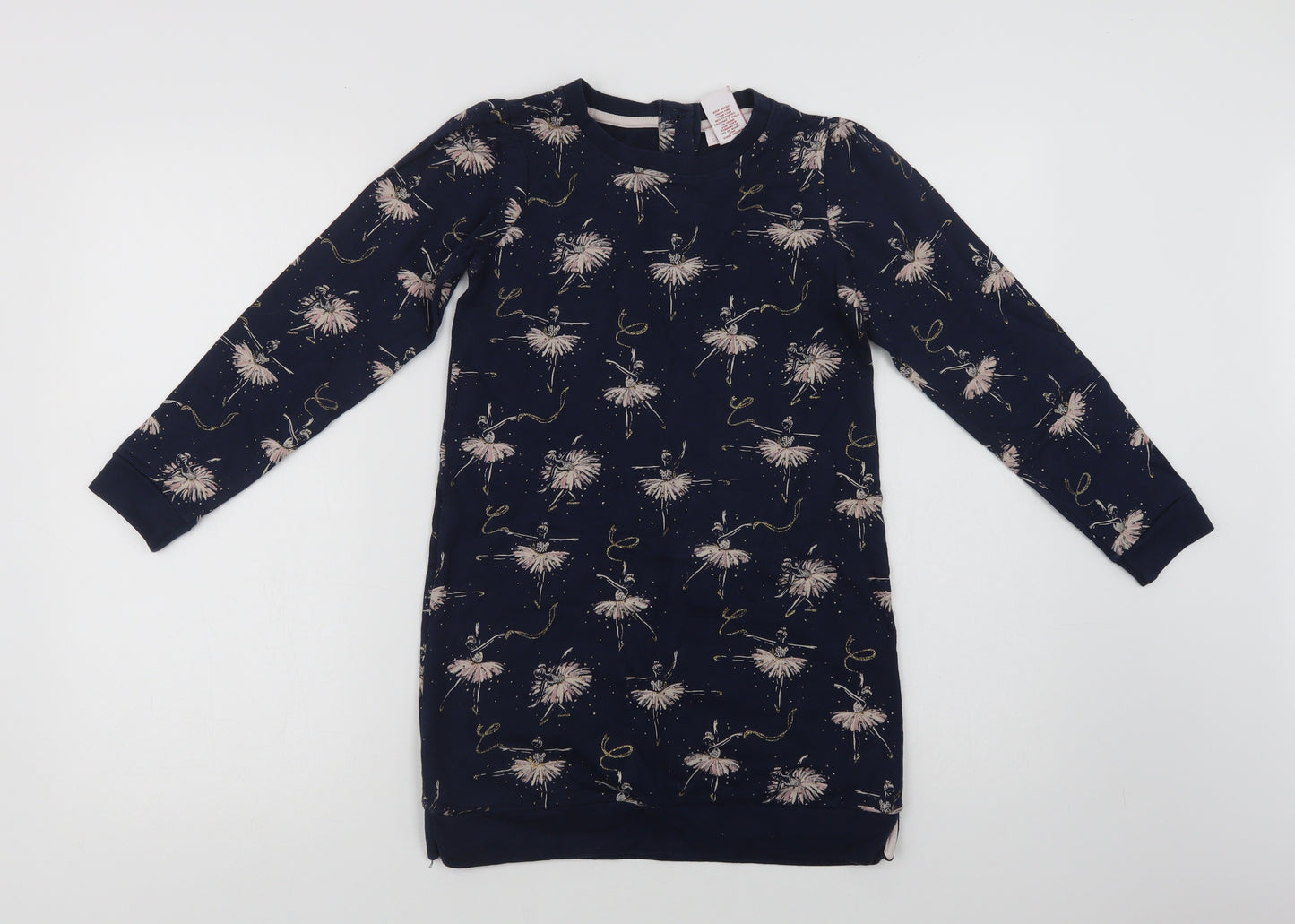 Lulurain Girls Blue Geometric Cotton A-Line  Size 7-8 Years  Crew Neck Button - Ballerina Print